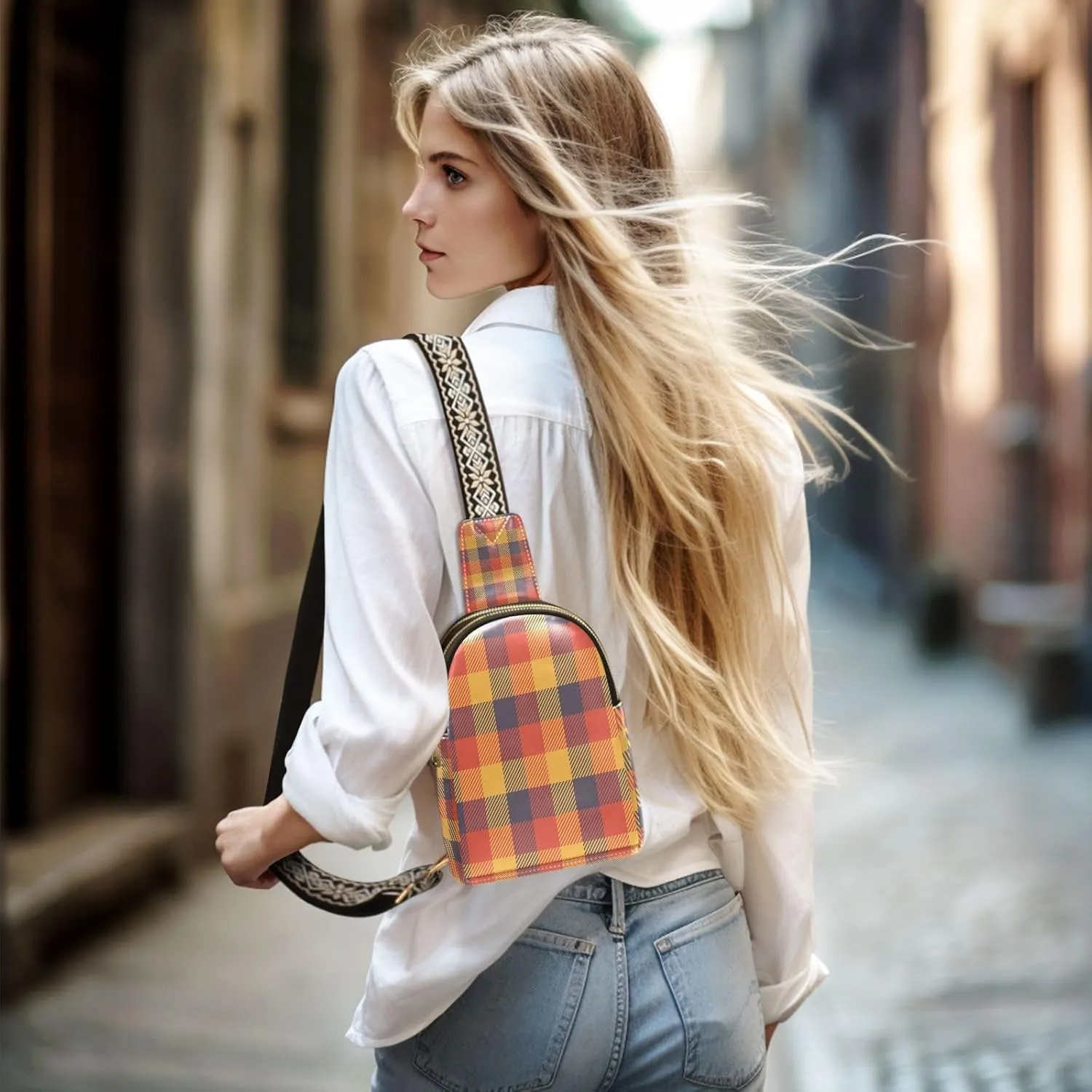 Small Sling Bag for Women Crossbody Fall Autumn Trendy Crossbody Bag Fashion Waist Packs Orange Buffalo Plaid Leather Chest Bag for Women Fanny Pack with Guitar Strap Travel Outdoor Outfit