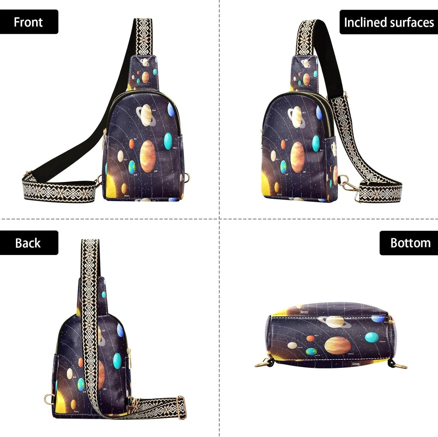 Small Sling Bag for Women Crossbody Solar System Trendy Crossbody Bag Fanny Pack with Guitar Strap Planets Orbits Leather Chest Bag for Women Travel Outdoor Outfit