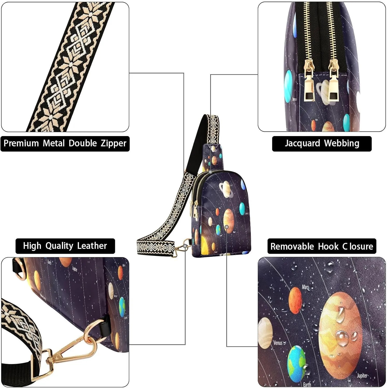 Small Sling Bag for Women Crossbody Solar System Trendy Crossbody Bag Fanny Pack with Guitar Strap Planets Orbits Leather Chest Bag for Women Travel Outdoor Outfit