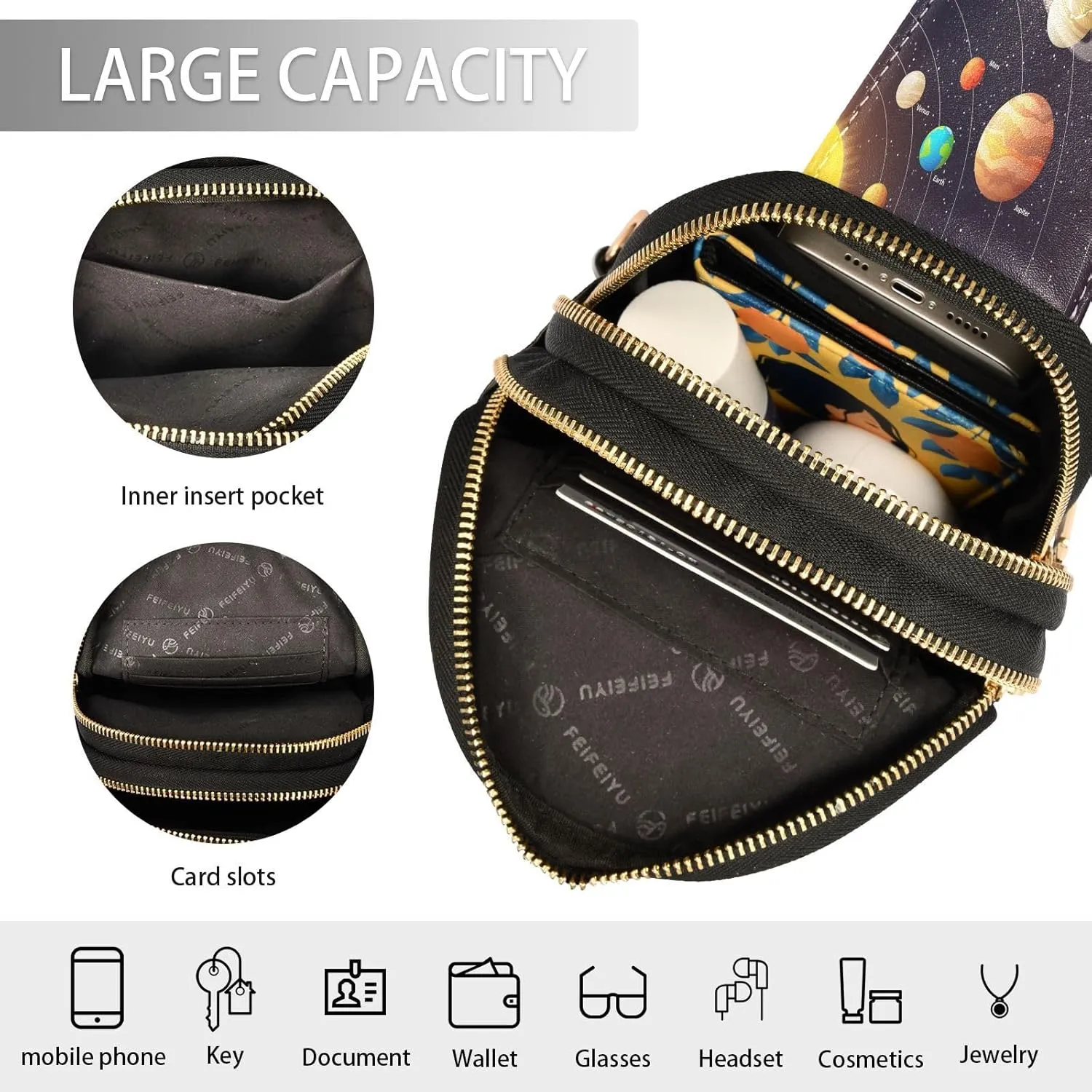 Small Sling Bag for Women Crossbody Solar System Trendy Crossbody Bag Fanny Pack with Guitar Strap Planets Orbits Leather Chest Bag for Women Travel Outdoor Outfit