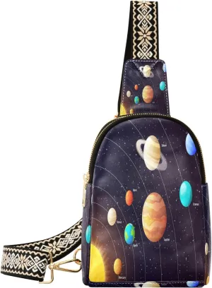 Small Sling Bag for Women Crossbody Solar System Trendy Crossbody Bag Fanny Pack with Guitar Strap Planets Orbits Leather Chest Bag for Women Travel Outdoor Outfit