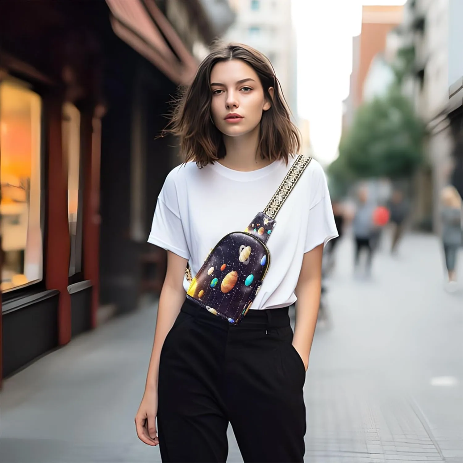 Small Sling Bag for Women Crossbody Solar System Trendy Crossbody Bag Fanny Pack with Guitar Strap Planets Orbits Leather Chest Bag for Women Travel Outdoor Outfit