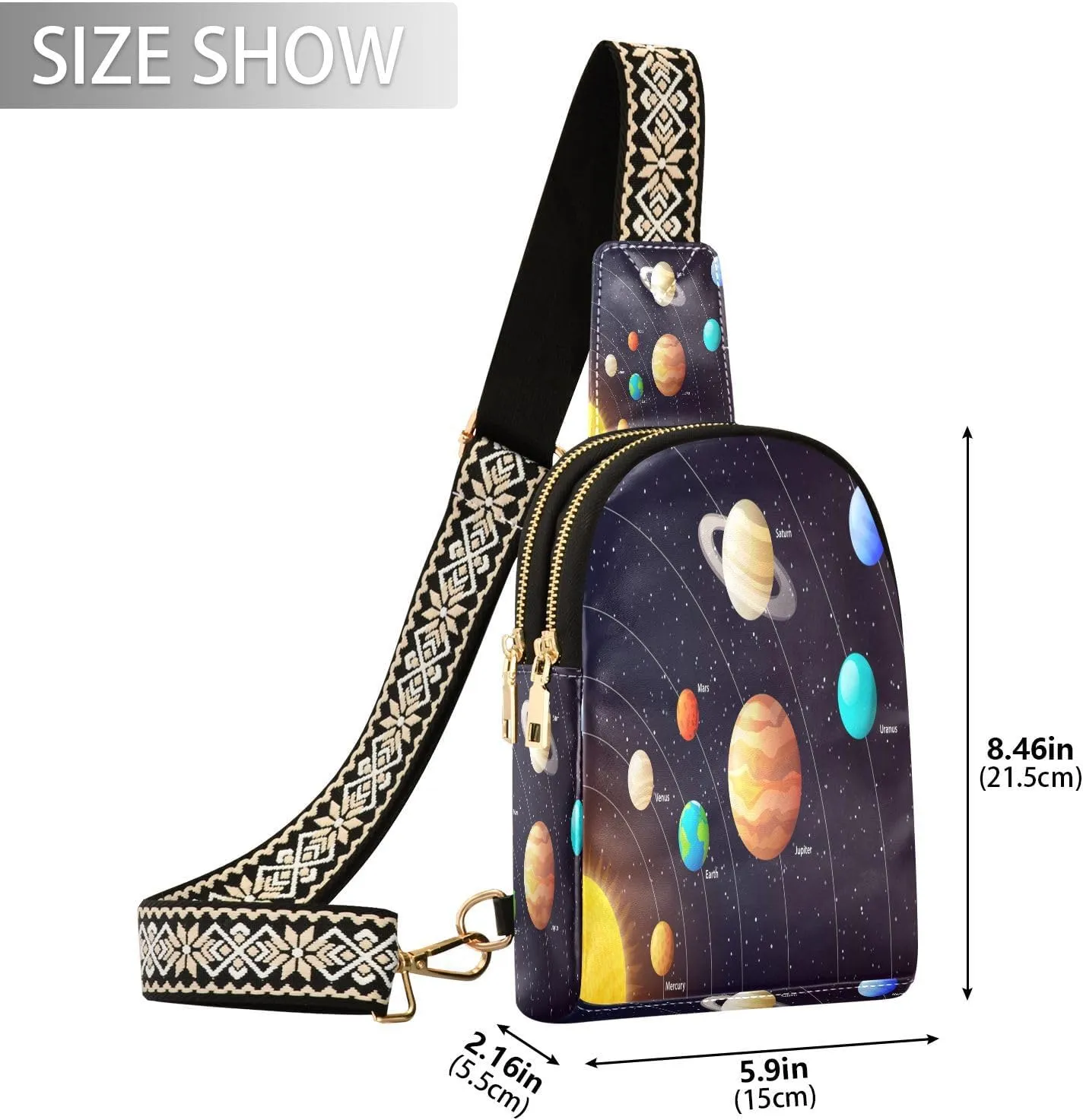 Small Sling Bag for Women Crossbody Solar System Trendy Crossbody Bag Fanny Pack with Guitar Strap Planets Orbits Leather Chest Bag for Women Travel Outdoor Outfit