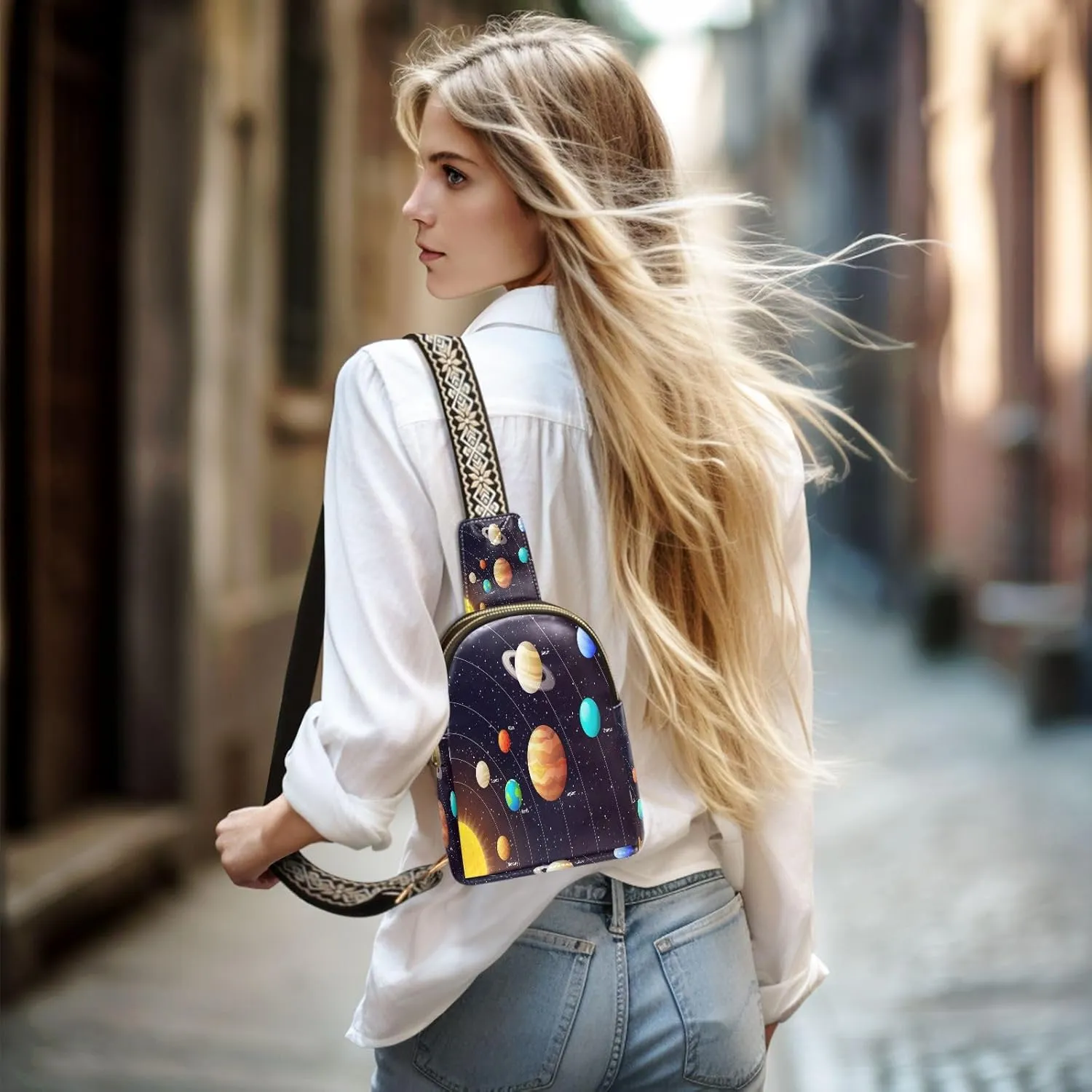 Small Sling Bag for Women Crossbody Solar System Trendy Crossbody Bag Fanny Pack with Guitar Strap Planets Orbits Leather Chest Bag for Women Travel Outdoor Outfit