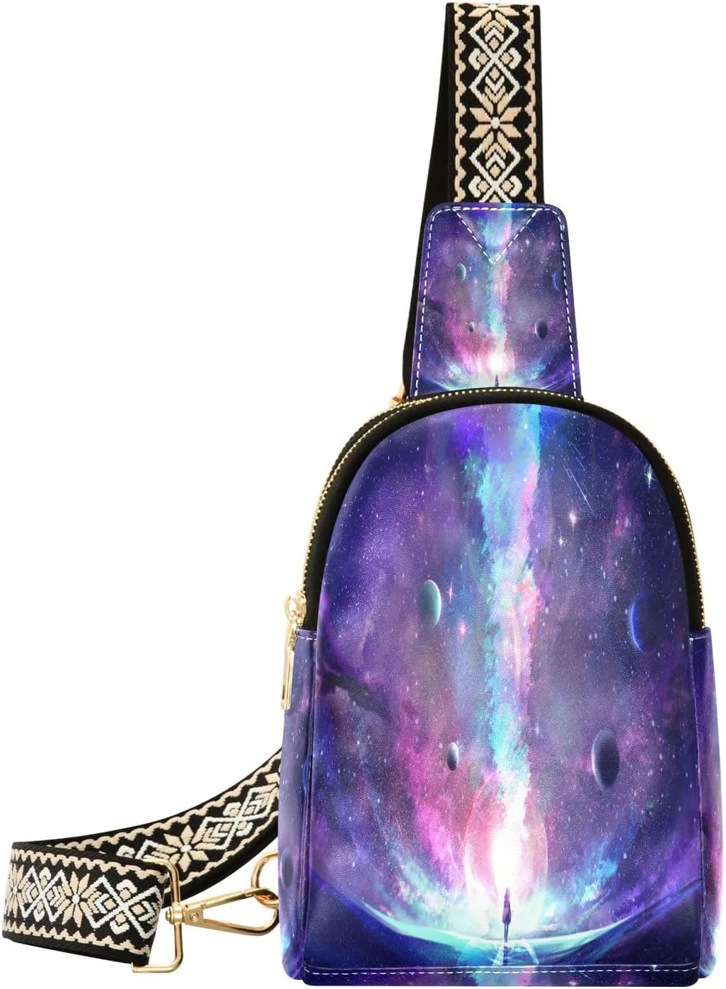 Small Sling Bag for Women Crossbody Space Galaxy Mystery Trendy Crossbody Bag Fanny Pack with Guitar Strap Girl Astronaut Leather Chest Bag for Women Travel Outdoor Outfit