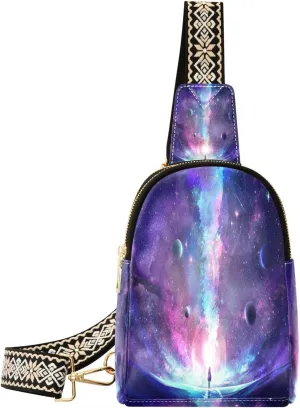 Small Sling Bag for Women Crossbody Space Galaxy Mystery Trendy Crossbody Bag Fanny Pack with Guitar Strap Girl Astronaut Leather Chest Bag for Women Travel Outdoor Outfit