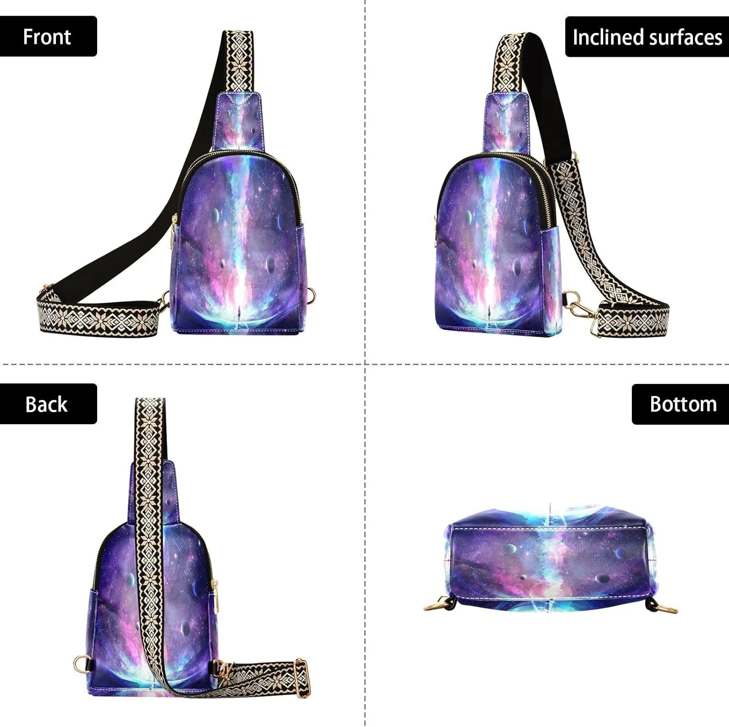 Small Sling Bag for Women Crossbody Space Galaxy Mystery Trendy Crossbody Bag Fanny Pack with Guitar Strap Girl Astronaut Leather Chest Bag for Women Travel Outdoor Outfit