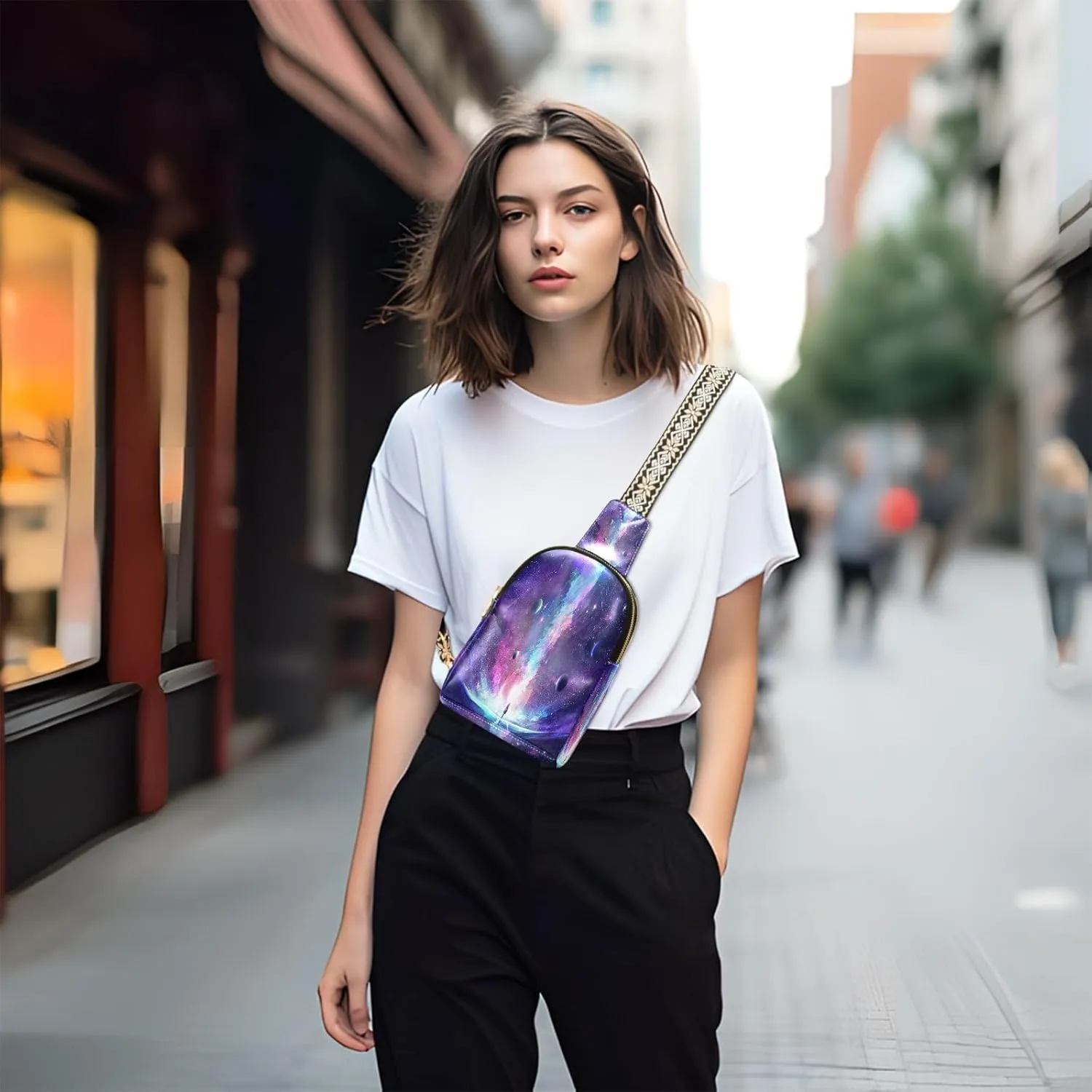 Small Sling Bag for Women Crossbody Space Galaxy Mystery Trendy Crossbody Bag Fanny Pack with Guitar Strap Girl Astronaut Leather Chest Bag for Women Travel Outdoor Outfit