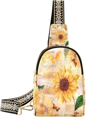 Small Sling Bag for Women Crossbody Vintage Sunflowers Trendy Crossbody Bag Fanny Pack with Guitar Strap Spring Summer Butterfly Leather Chest Bag for Women Travel Outdoor Outfit