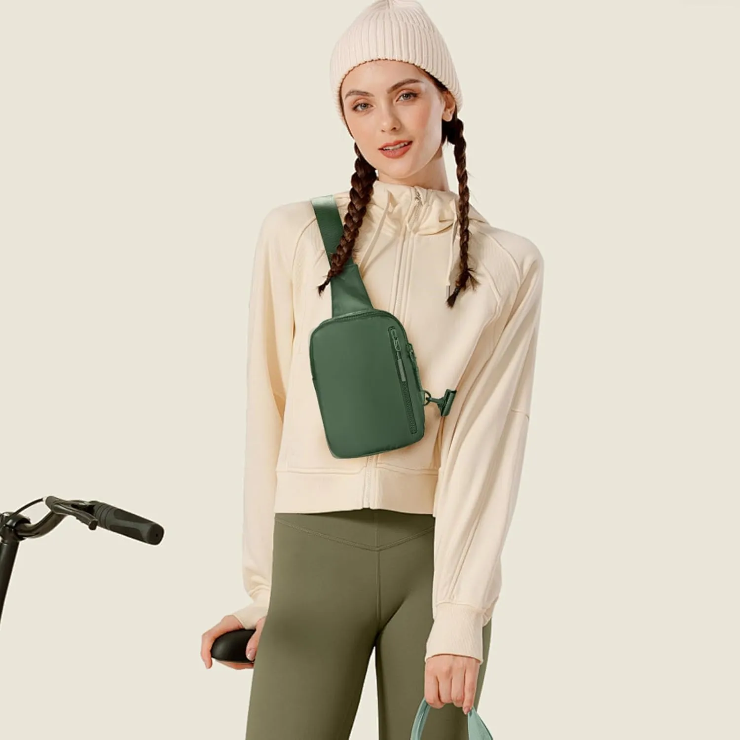 Small Sling Bag for Women Men 3 Pockets Lightweight Crossbody Bag Fanny Pack Two-Zipper Sling Backpack for Traveling Running Hiking (Olive)