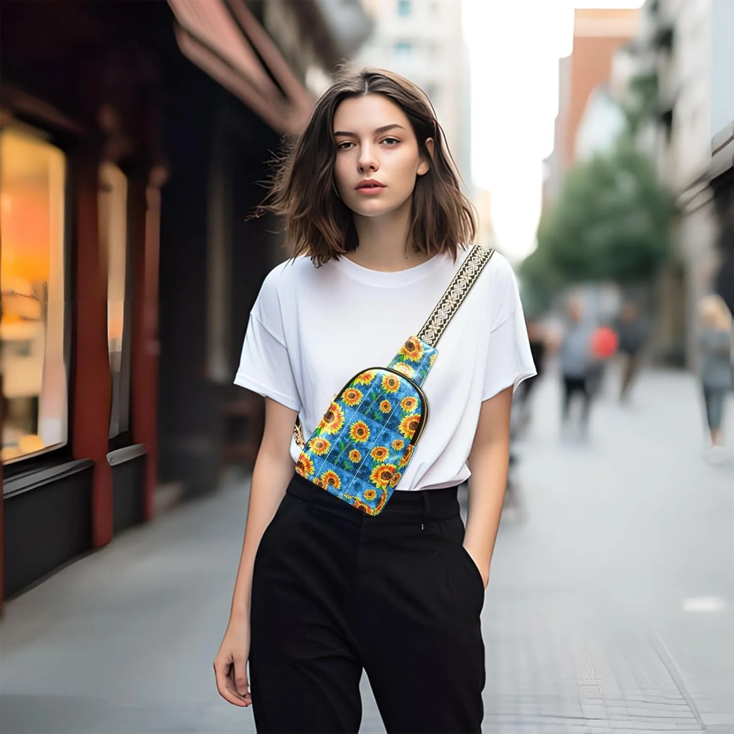 Small Sling Bag for Women Oil Paintings Sunflowers Trendy Crossbody Bag Fashion Waist Packs Colorful Flowers Vivid Leather Chest Bag for Women Fanny Pack with Guitar Strap Travel Outdoor