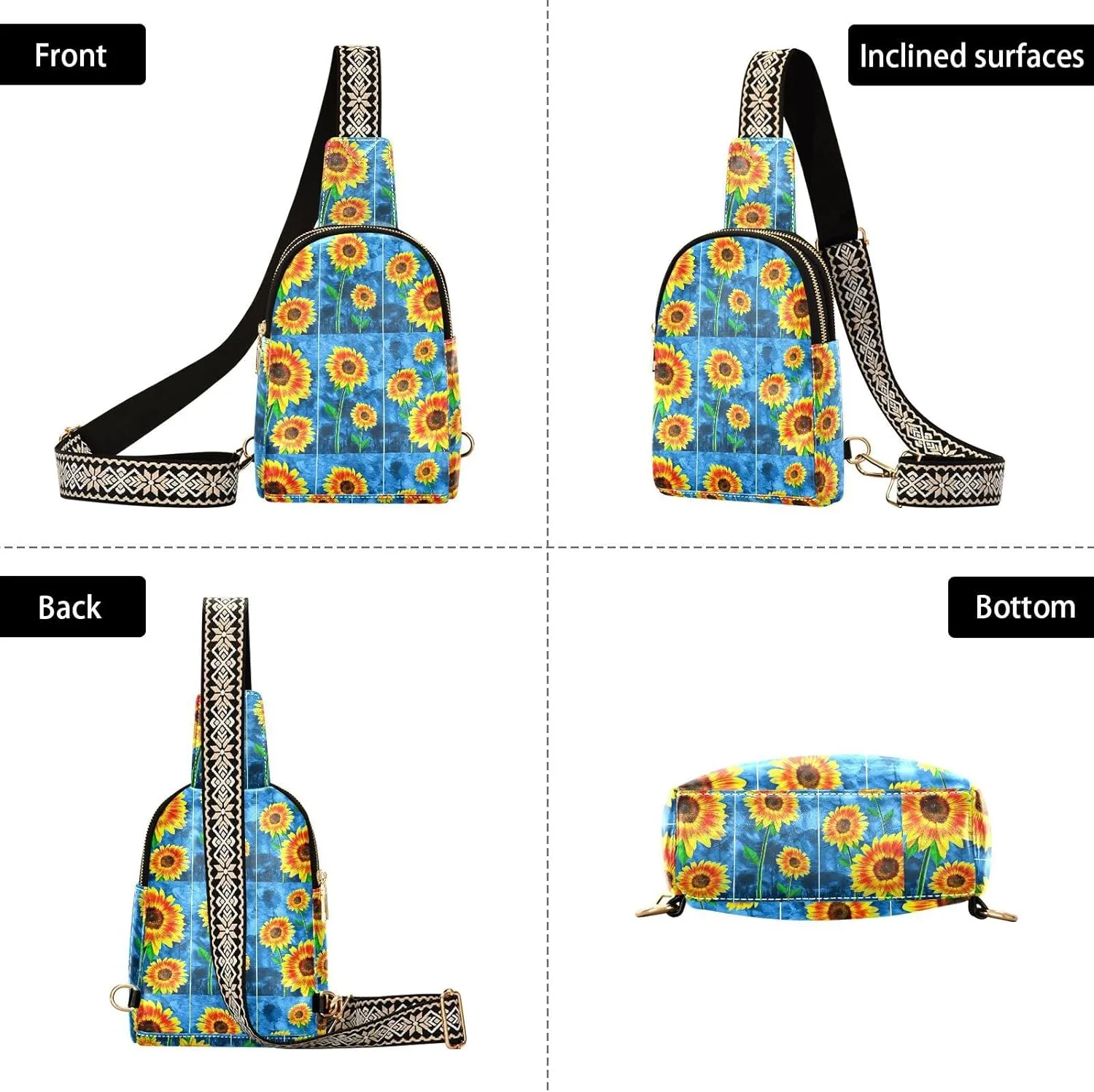 Small Sling Bag for Women Oil Paintings Sunflowers Trendy Crossbody Bag Fashion Waist Packs Colorful Flowers Vivid Leather Chest Bag for Women Fanny Pack with Guitar Strap Travel Outdoor