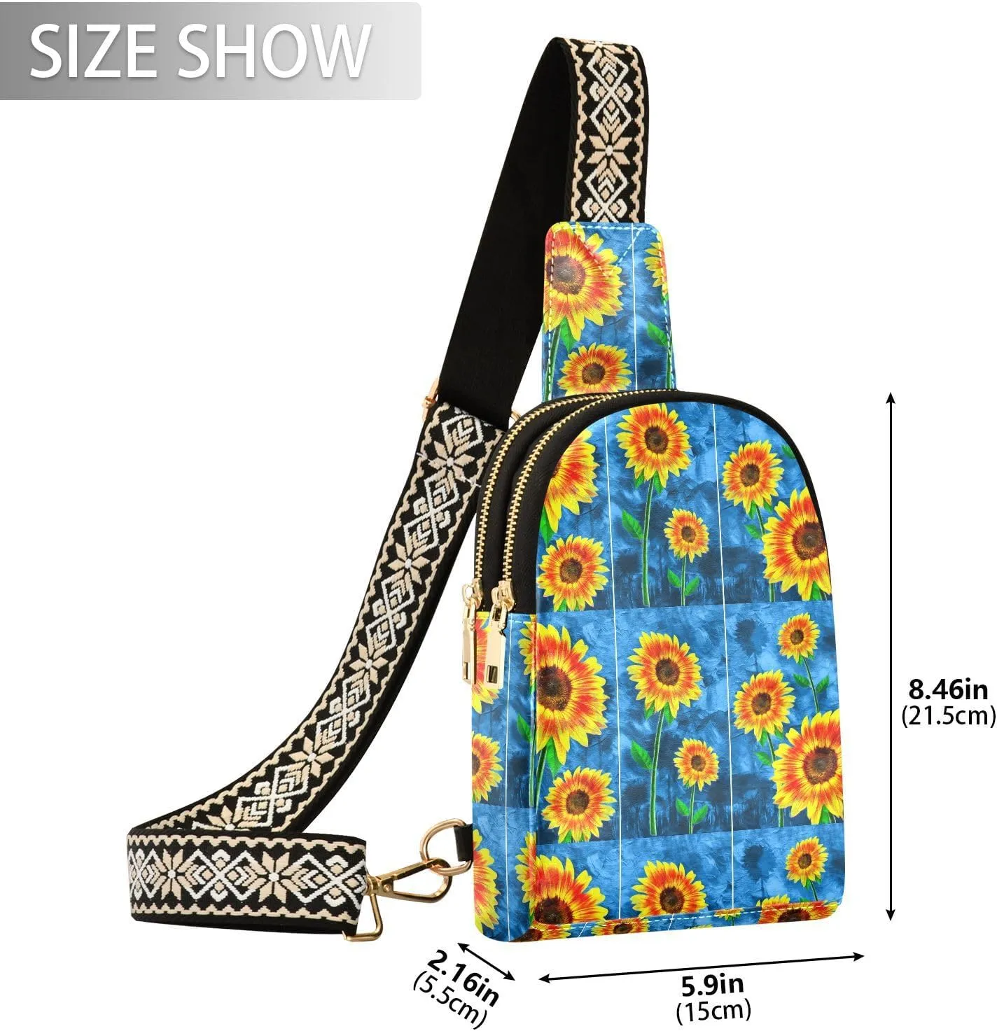 Small Sling Bag for Women Oil Paintings Sunflowers Trendy Crossbody Bag Fashion Waist Packs Colorful Flowers Vivid Leather Chest Bag for Women Fanny Pack with Guitar Strap Travel Outdoor