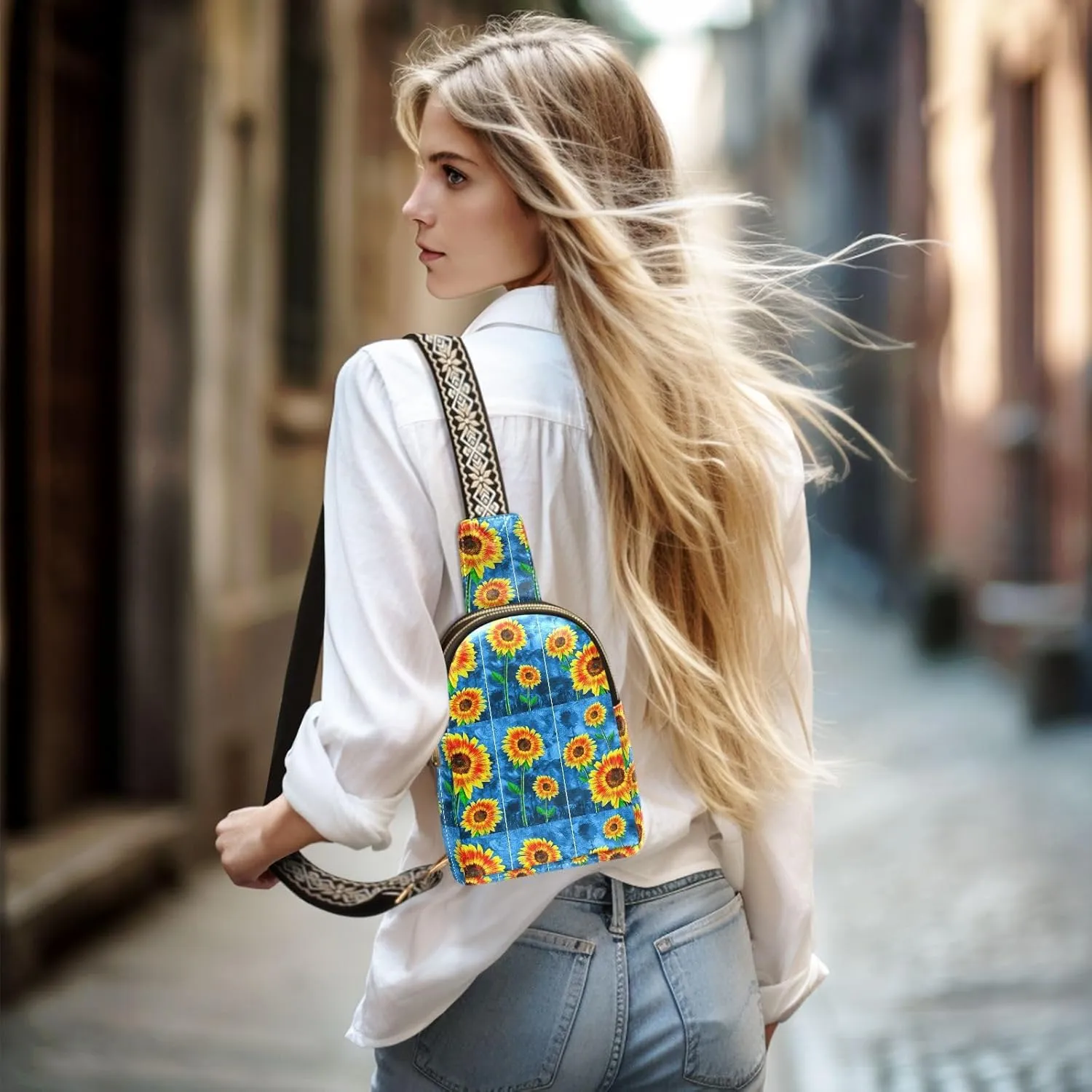 Small Sling Bag for Women Oil Paintings Sunflowers Trendy Crossbody Bag Fashion Waist Packs Colorful Flowers Vivid Leather Chest Bag for Women Fanny Pack with Guitar Strap Travel Outdoor