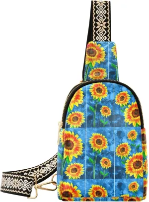 Small Sling Bag for Women Oil Paintings Sunflowers Trendy Crossbody Bag Fashion Waist Packs Colorful Flowers Vivid Leather Chest Bag for Women Fanny Pack with Guitar Strap Travel Outdoor