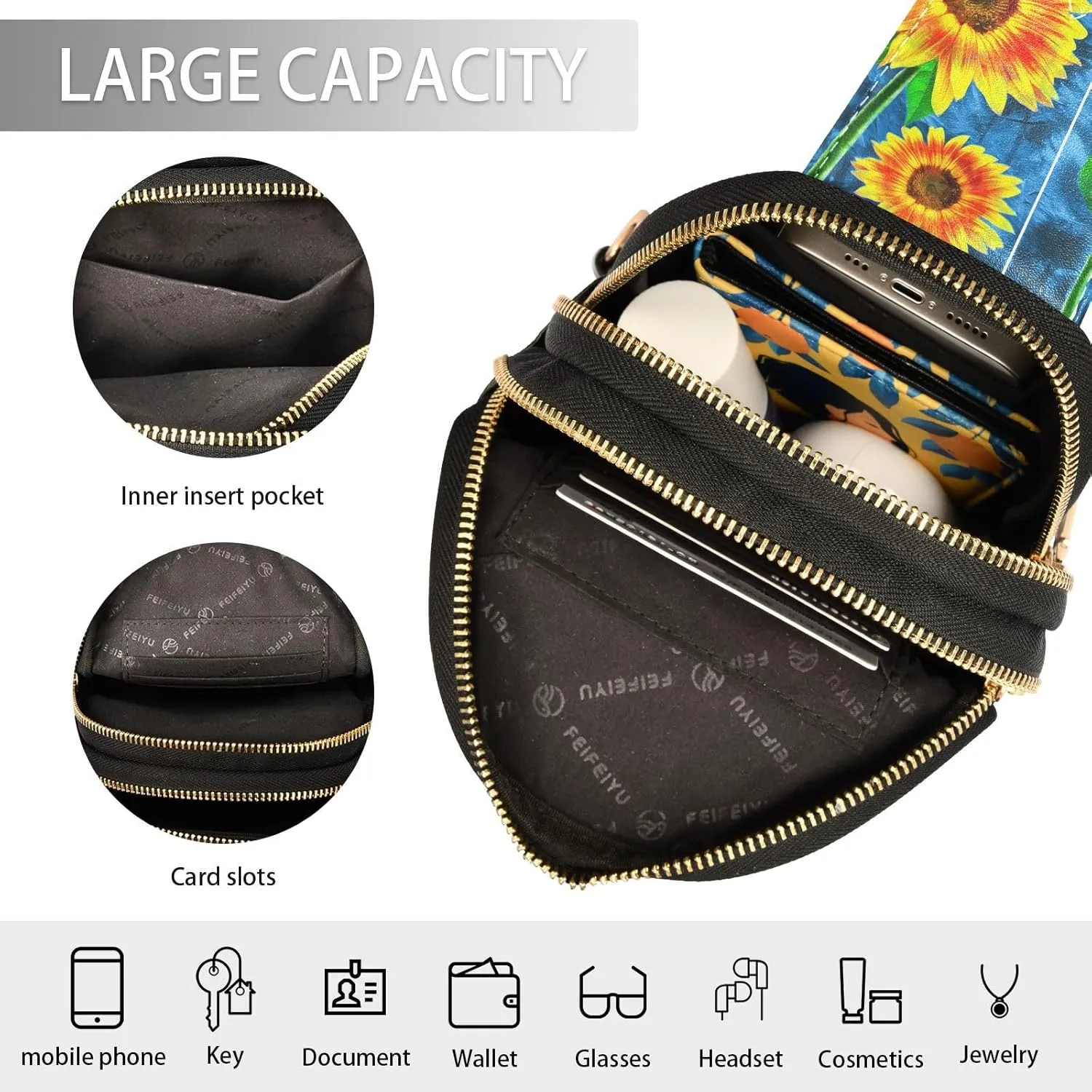 Small Sling Bag for Women Oil Paintings Sunflowers Trendy Crossbody Bag Fashion Waist Packs Colorful Flowers Vivid Leather Chest Bag for Women Fanny Pack with Guitar Strap Travel Outdoor