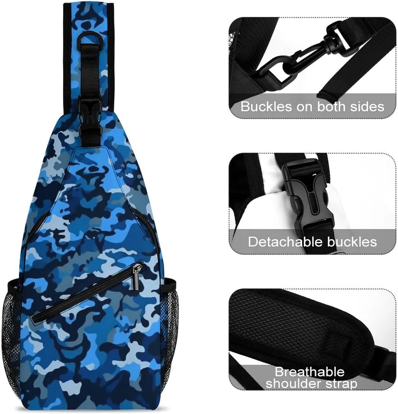 Small Sling Chest Bag Crossbody Bag for Men Women,Blue Camo Lightweight Gym Daypack for Travel Cycling Hiking