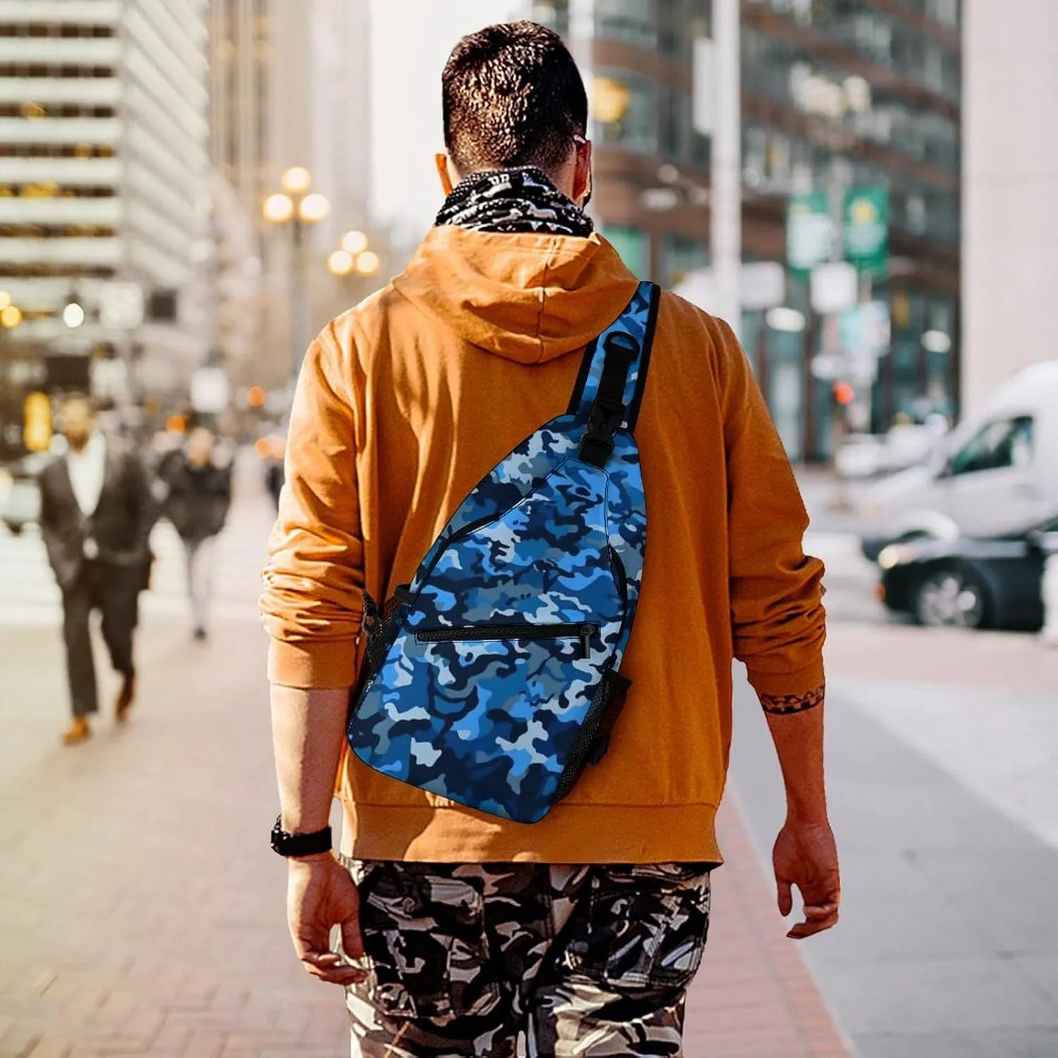 Small Sling Chest Bag Crossbody Bag for Men Women,Blue Camo Lightweight Gym Daypack for Travel Cycling Hiking
