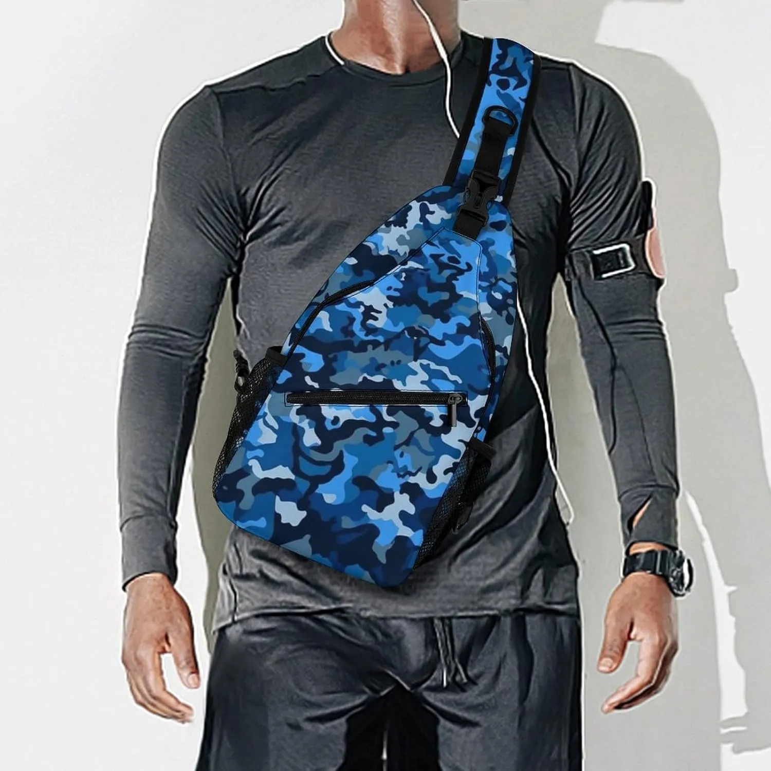 Small Sling Chest Bag Crossbody Bag for Men Women,Blue Camo Lightweight Gym Daypack for Travel Cycling Hiking