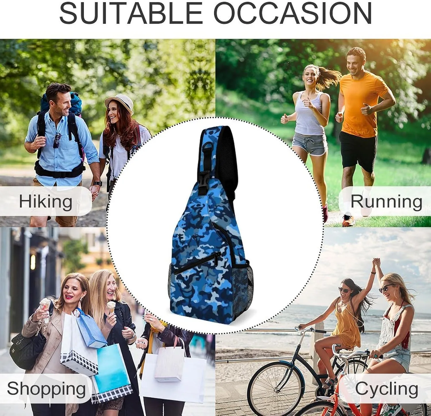 Small Sling Chest Bag Crossbody Bag for Men Women,Blue Camo Lightweight Gym Daypack for Travel Cycling Hiking