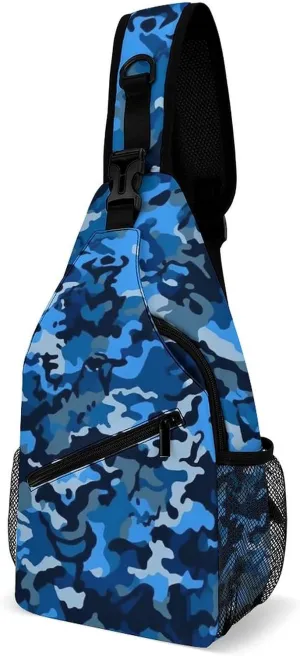 Small Sling Chest Bag Crossbody Bag for Men Women,Blue Camo Lightweight Gym Daypack for Travel Cycling Hiking