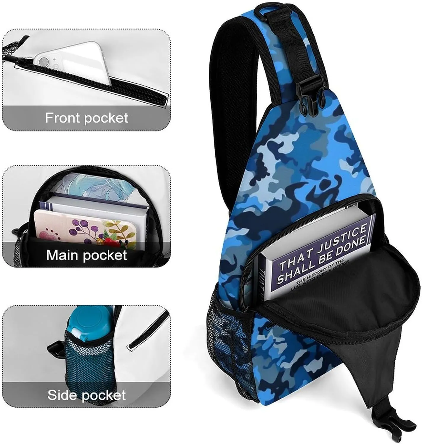 Small Sling Chest Bag Crossbody Bag for Men Women,Blue Camo Lightweight Gym Daypack for Travel Cycling Hiking