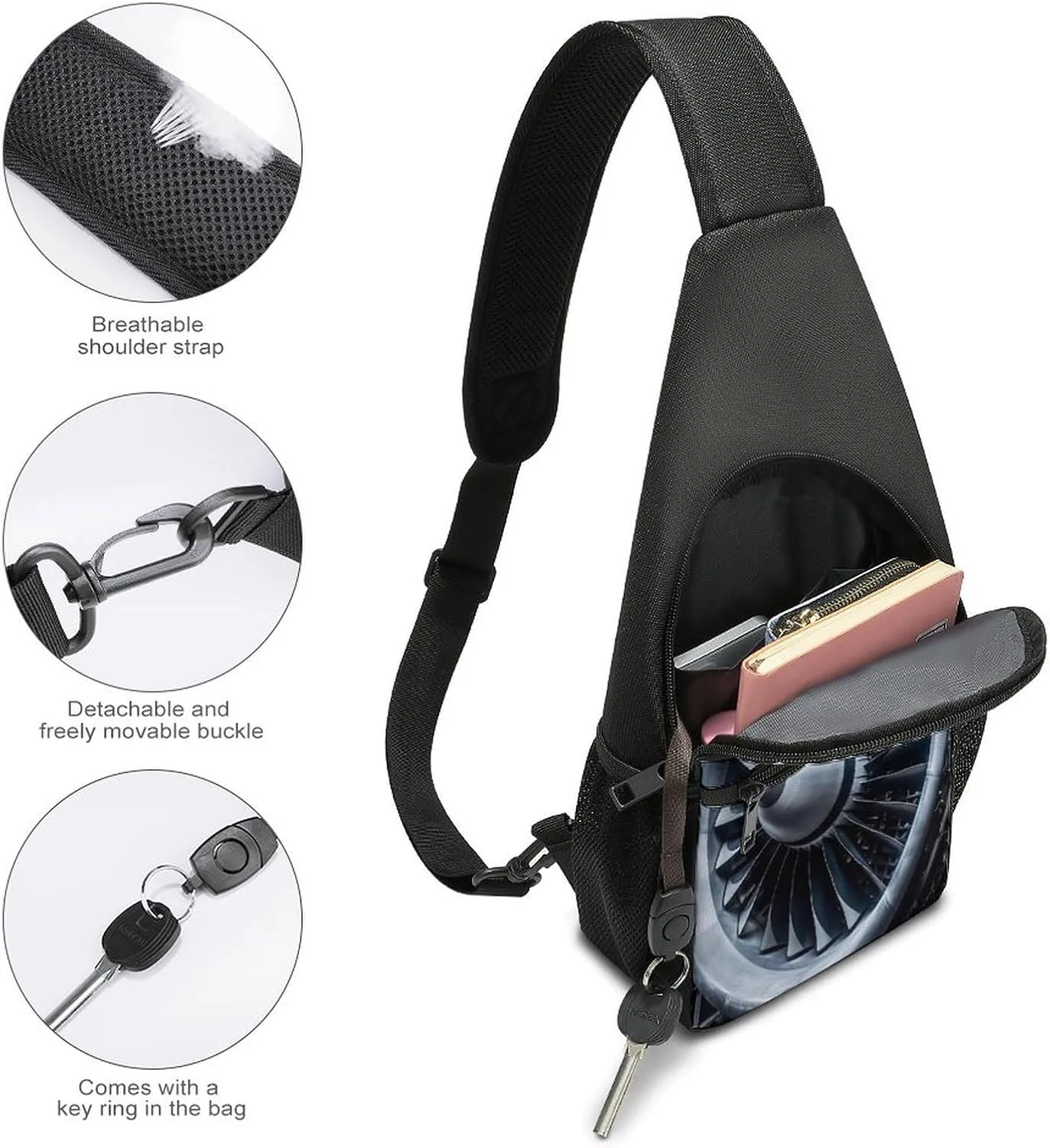 Small Sling Chest Bag Crossbody Bag for Men Women,Jet Engine Lightweight Gym Daypack for Travel Cycling Hiking