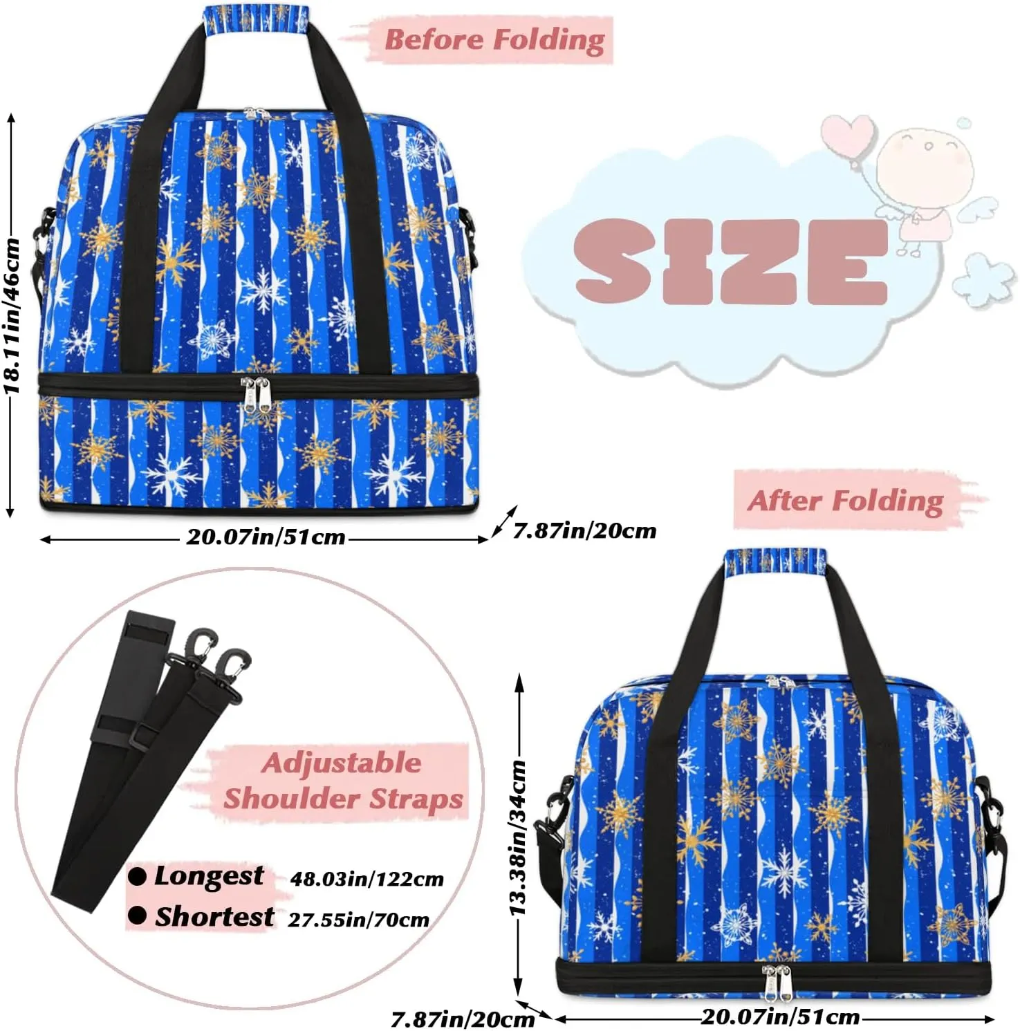 Snowflakes Christmas Blue Sports Gym Bag with Shoes Compartment Foldable Travel Duffel Bag Dry Wet Separated Sports Tote Workout Weekender Overnight Bag for Women Yoga Dance Work Training Handbag