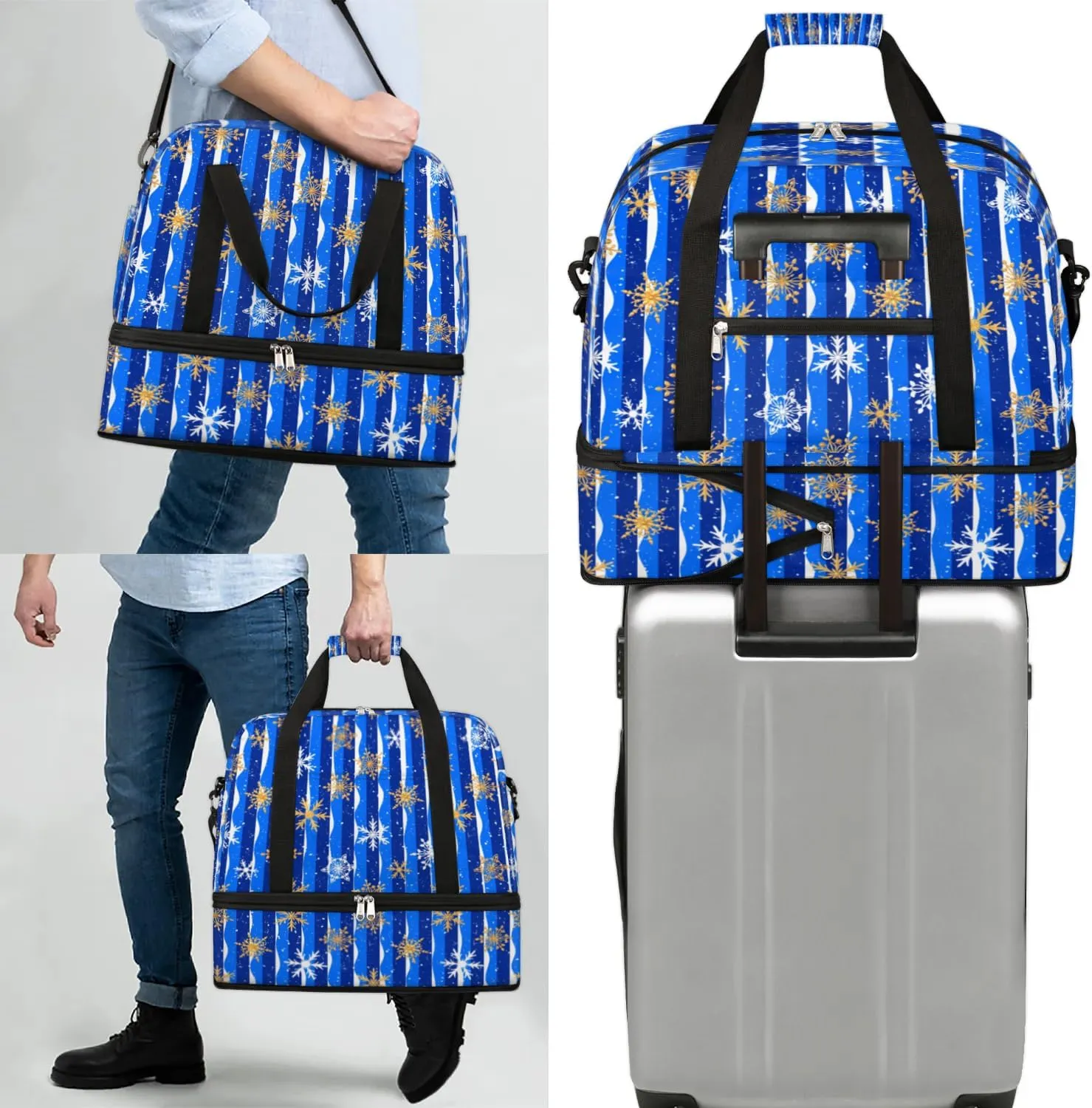 Snowflakes Christmas Blue Sports Gym Bag with Shoes Compartment Foldable Travel Duffel Bag Dry Wet Separated Sports Tote Workout Weekender Overnight Bag for Women Yoga Dance Work Training Handbag