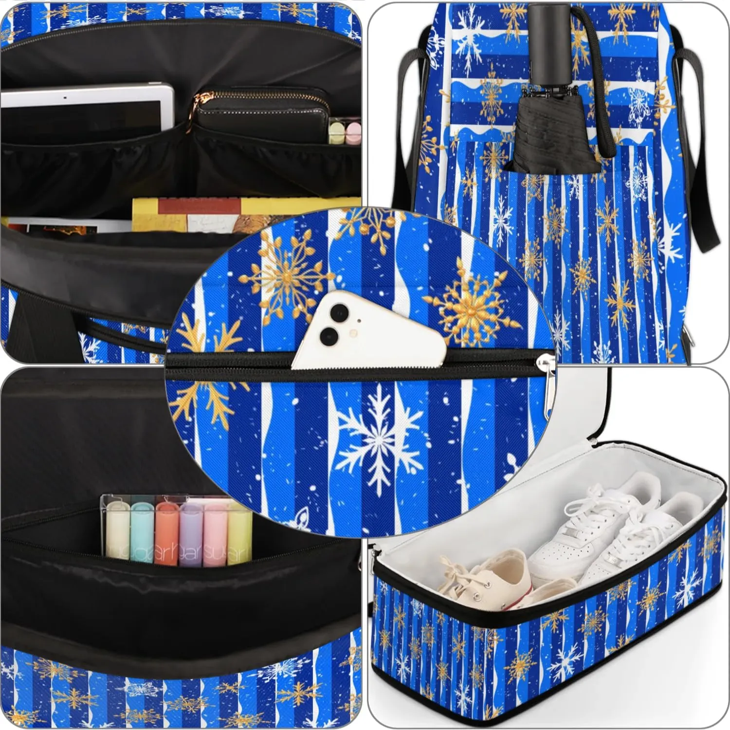 Snowflakes Christmas Blue Sports Gym Bag with Shoes Compartment Foldable Travel Duffel Bag Dry Wet Separated Sports Tote Workout Weekender Overnight Bag for Women Yoga Dance Work Training Handbag
