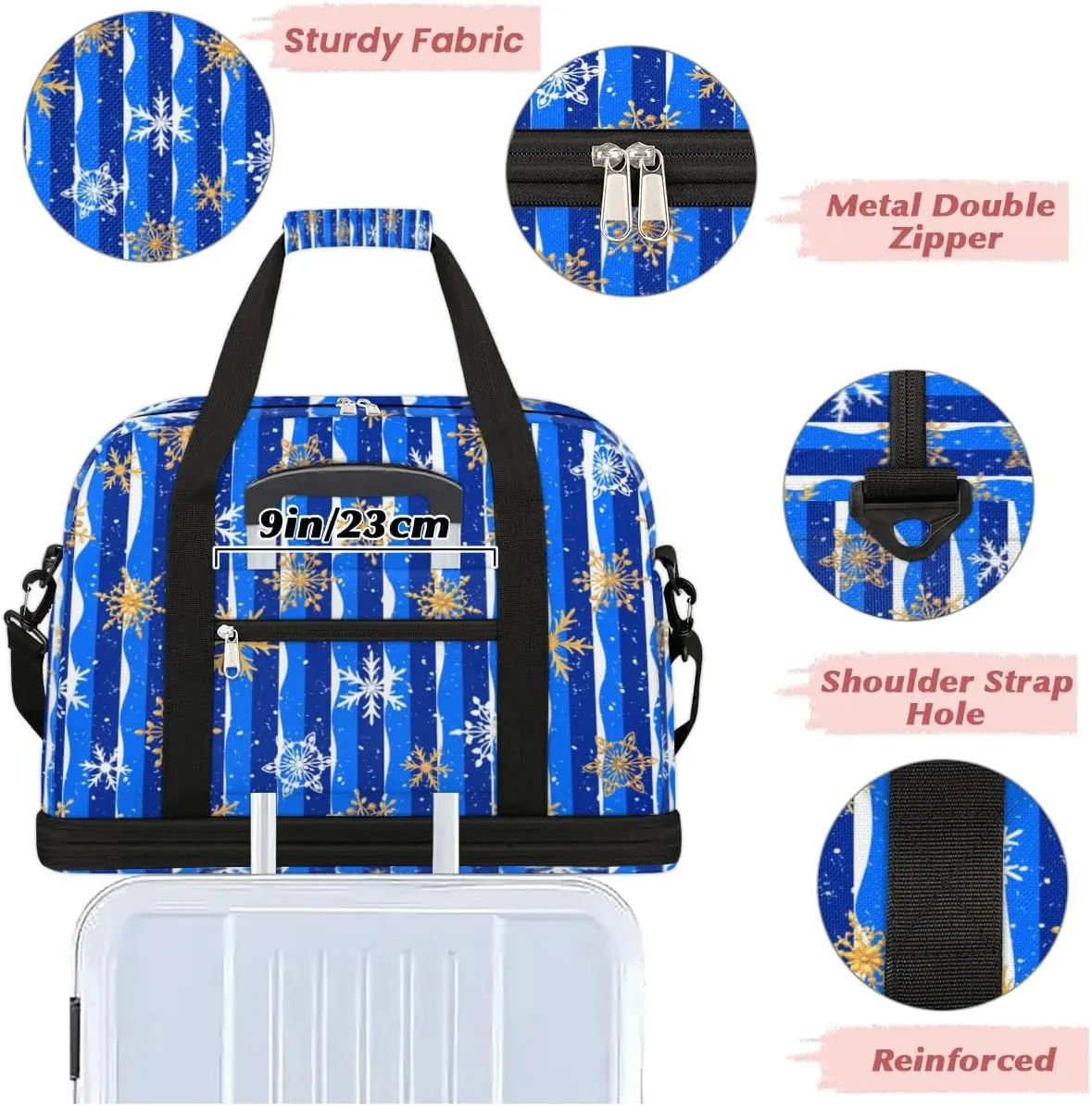 Snowflakes Christmas Blue Sports Gym Bag with Shoes Compartment Foldable Travel Duffel Bag Dry Wet Separated Sports Tote Workout Weekender Overnight Bag for Women Yoga Dance Work Training Handbag