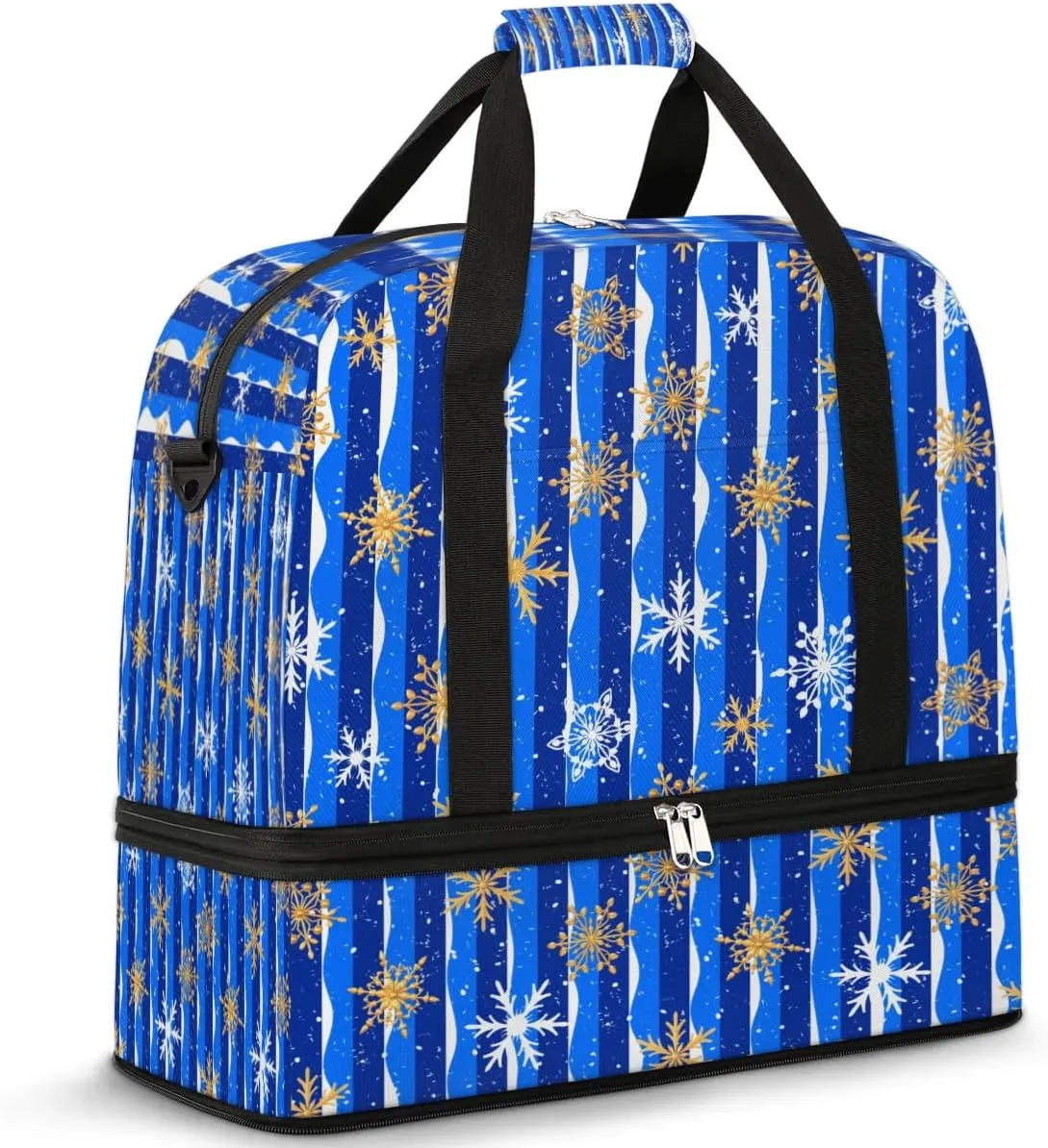 Snowflakes Christmas Blue Sports Gym Bag with Shoes Compartment Foldable Travel Duffel Bag Dry Wet Separated Sports Tote Workout Weekender Overnight Bag for Women Yoga Dance Work Training Handbag