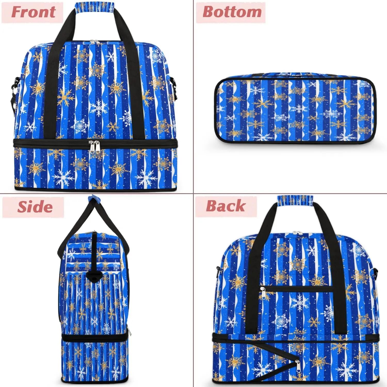 Snowflakes Christmas Blue Sports Gym Bag with Shoes Compartment Foldable Travel Duffel Bag Dry Wet Separated Sports Tote Workout Weekender Overnight Bag for Women Yoga Dance Work Training Handbag
