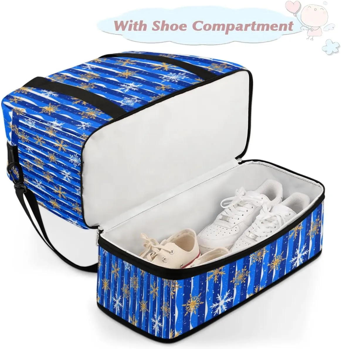Snowflakes Christmas Blue Sports Gym Bag with Shoes Compartment Foldable Travel Duffel Bag Dry Wet Separated Sports Tote Workout Weekender Overnight Bag for Women Yoga Dance Work Training Handbag