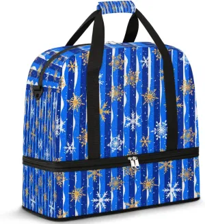 Snowflakes Christmas Blue Sports Gym Bag with Shoes Compartment Foldable Travel Duffel Bag Dry Wet Separated Sports Tote Workout Weekender Overnight Bag for Women Yoga Dance Work Training Handbag