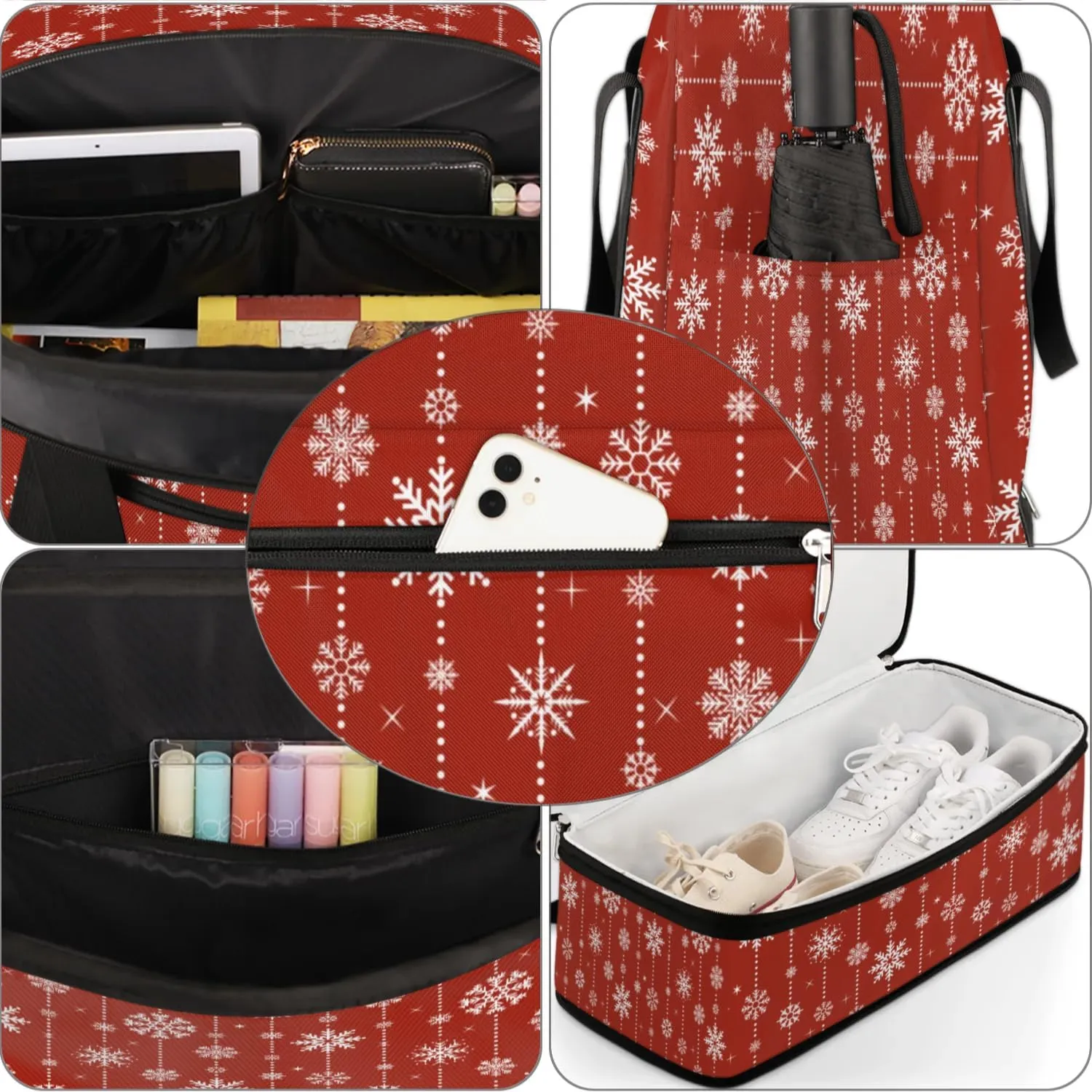 Snowflakes Christmas Sports Gym Bag with Shoes Compartment Foldable Travel Duffel Bag Dry Wet Separated Sports Tote Workout Weekender Overnight Bag for Women Yoga Dance Work Training Handbag