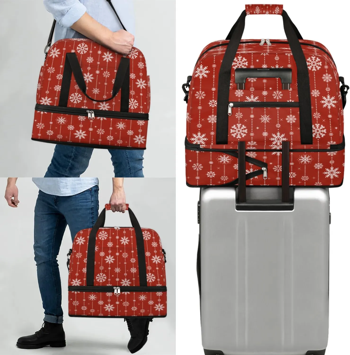 Snowflakes Christmas Sports Gym Bag with Shoes Compartment Foldable Travel Duffel Bag Dry Wet Separated Sports Tote Workout Weekender Overnight Bag for Women Yoga Dance Work Training Handbag