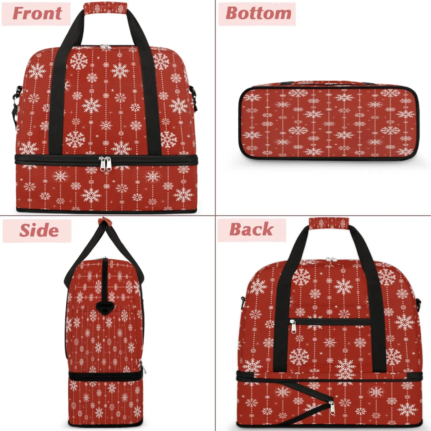 Snowflakes Christmas Sports Gym Bag with Shoes Compartment Foldable Travel Duffel Bag Dry Wet Separated Sports Tote Workout Weekender Overnight Bag for Women Yoga Dance Work Training Handbag