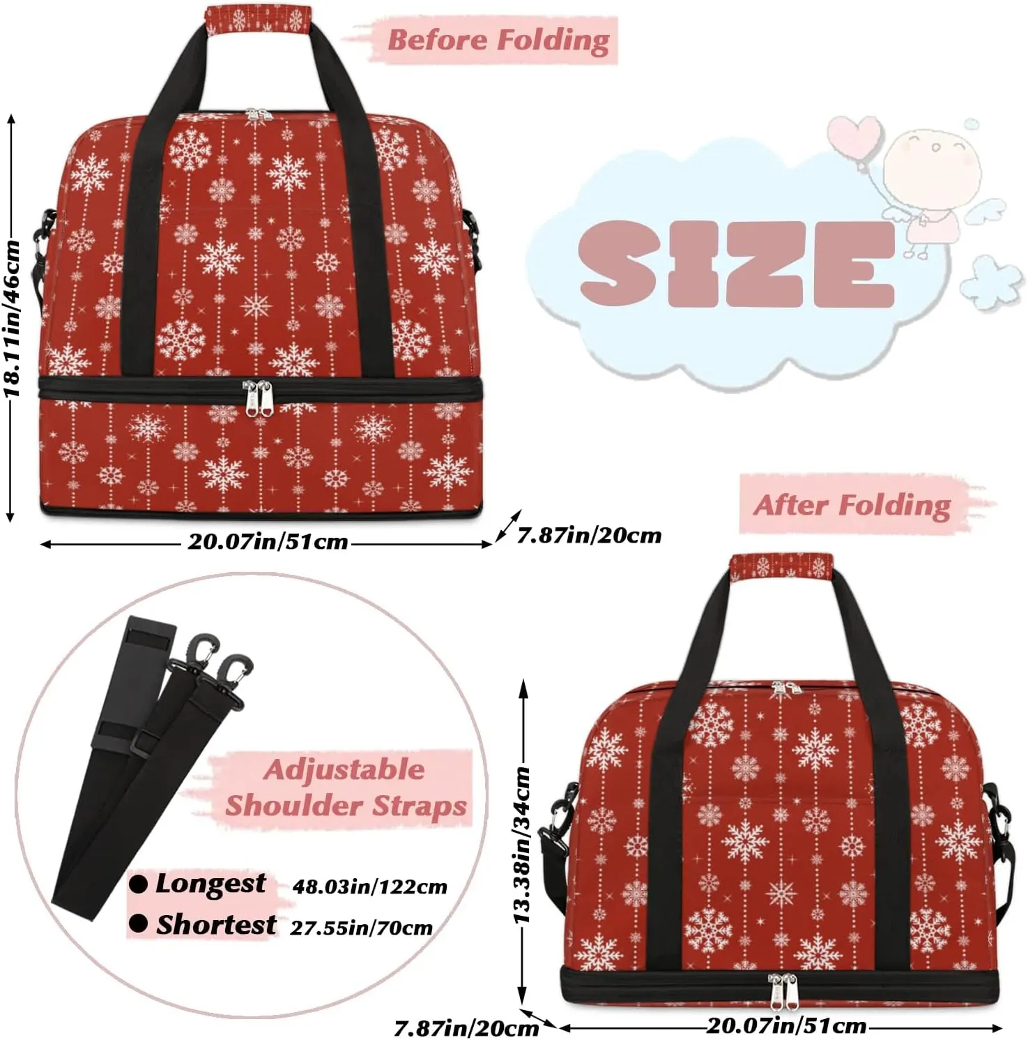 Snowflakes Christmas Sports Gym Bag with Shoes Compartment Foldable Travel Duffel Bag Dry Wet Separated Sports Tote Workout Weekender Overnight Bag for Women Yoga Dance Work Training Handbag