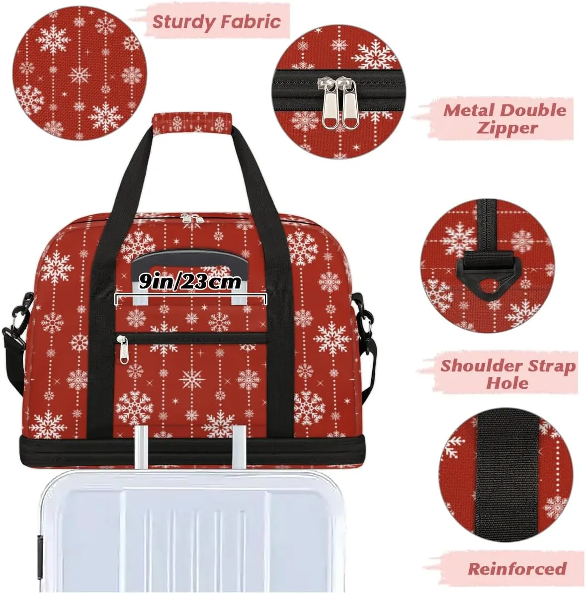 Snowflakes Christmas Sports Gym Bag with Shoes Compartment Foldable Travel Duffel Bag Dry Wet Separated Sports Tote Workout Weekender Overnight Bag for Women Yoga Dance Work Training Handbag