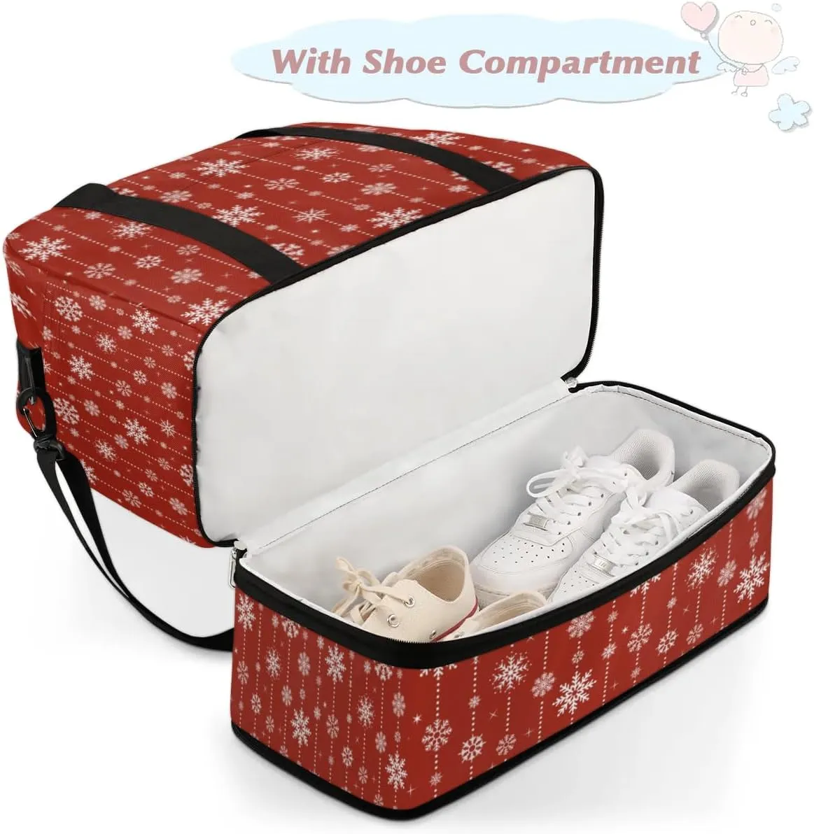 Snowflakes Christmas Sports Gym Bag with Shoes Compartment Foldable Travel Duffel Bag Dry Wet Separated Sports Tote Workout Weekender Overnight Bag for Women Yoga Dance Work Training Handbag