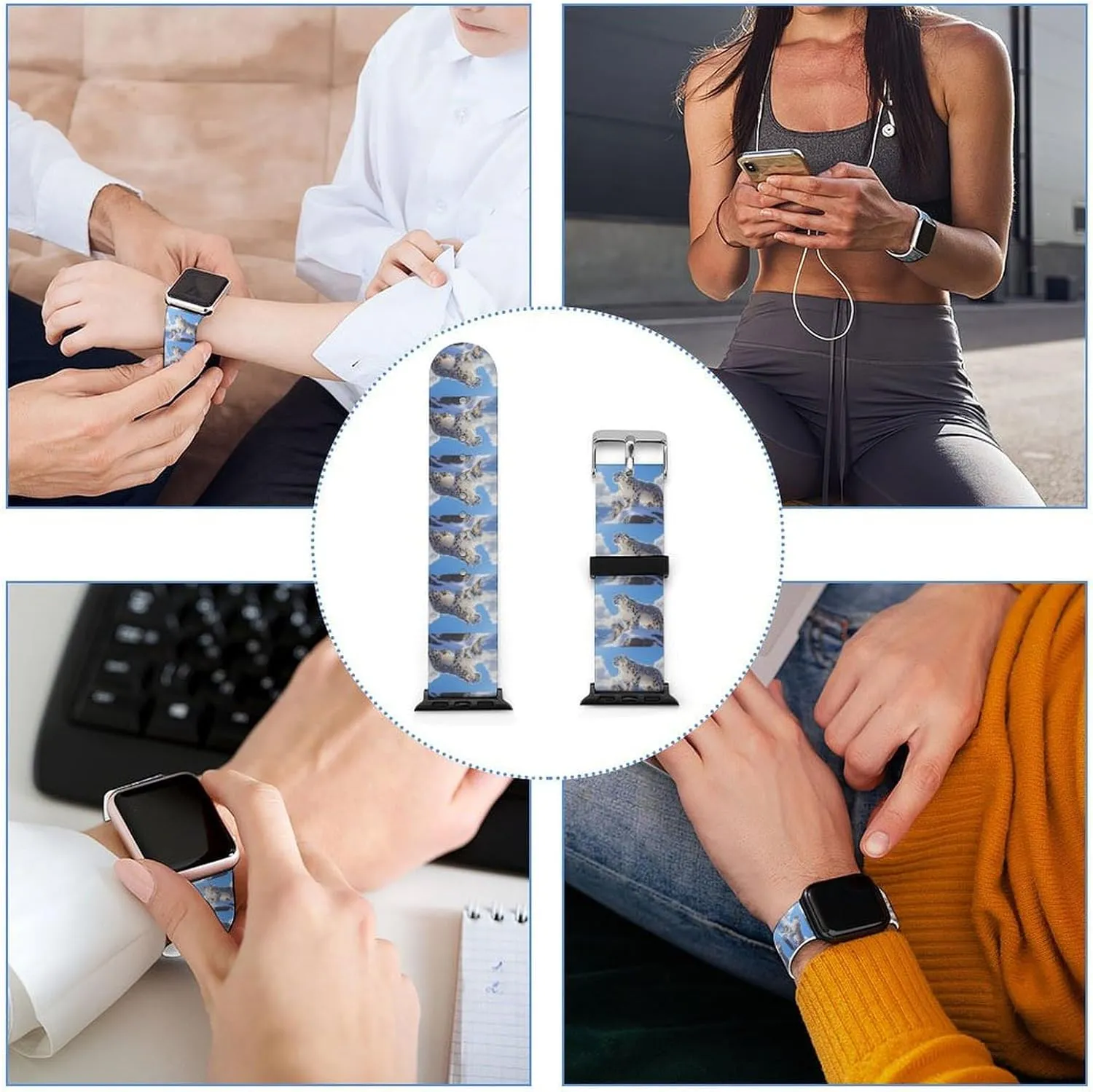 Snowy Leopard Adjustable Silicone Watchband Compatible with IWatch Classic Soft Sports Watch Strap for Men Women