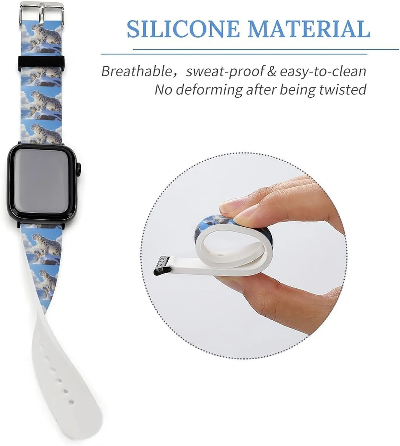 Snowy Leopard Adjustable Silicone Watchband Compatible with IWatch Classic Soft Sports Watch Strap for Men Women