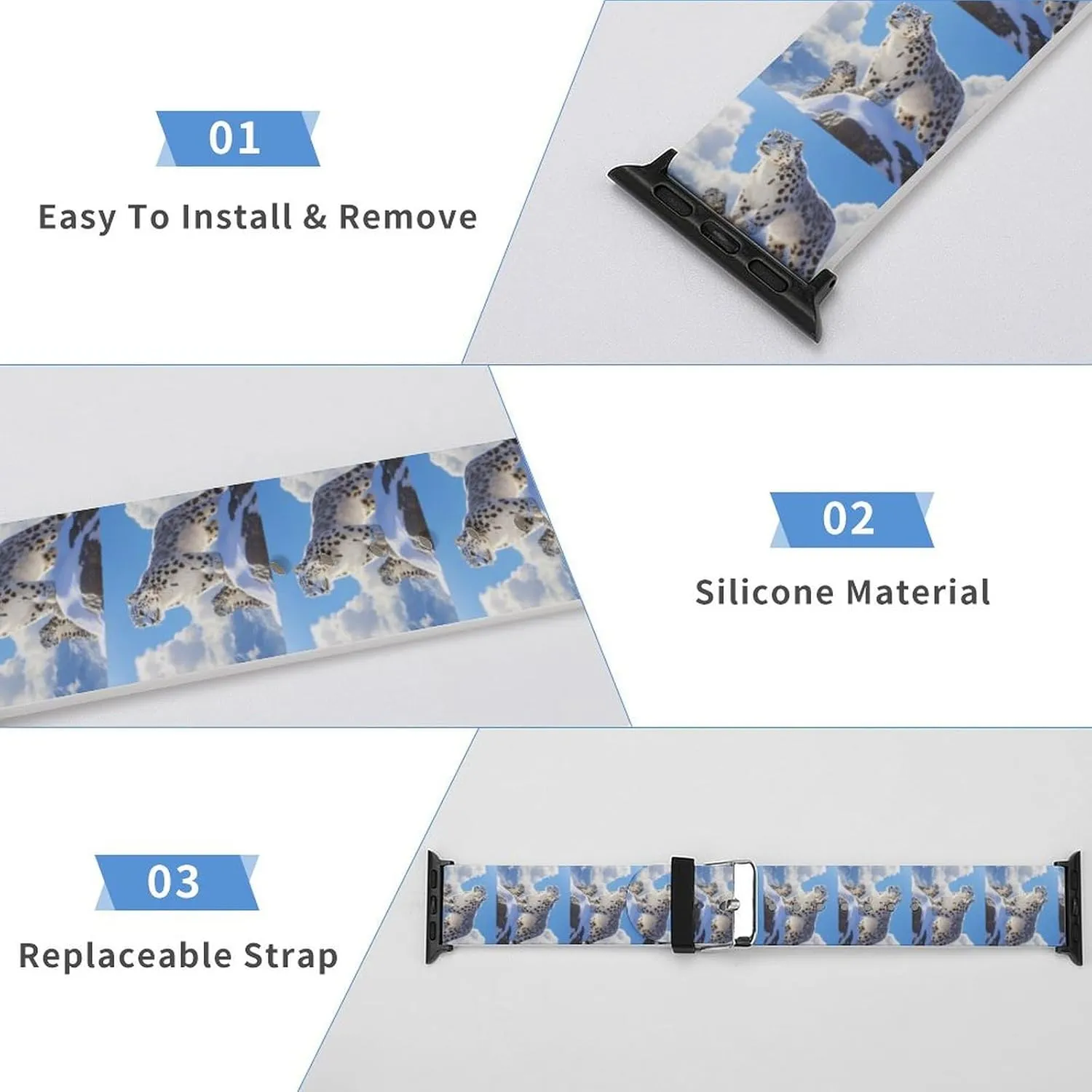 Snowy Leopard Adjustable Silicone Watchband Compatible with IWatch Classic Soft Sports Watch Strap for Men Women