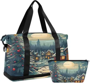 Snowy Village Sports Gym Bag,Travel Duffel bag with Wet Pocket & Shoes Compartment Lightweight Waterproof Overnight Bag for Men Women