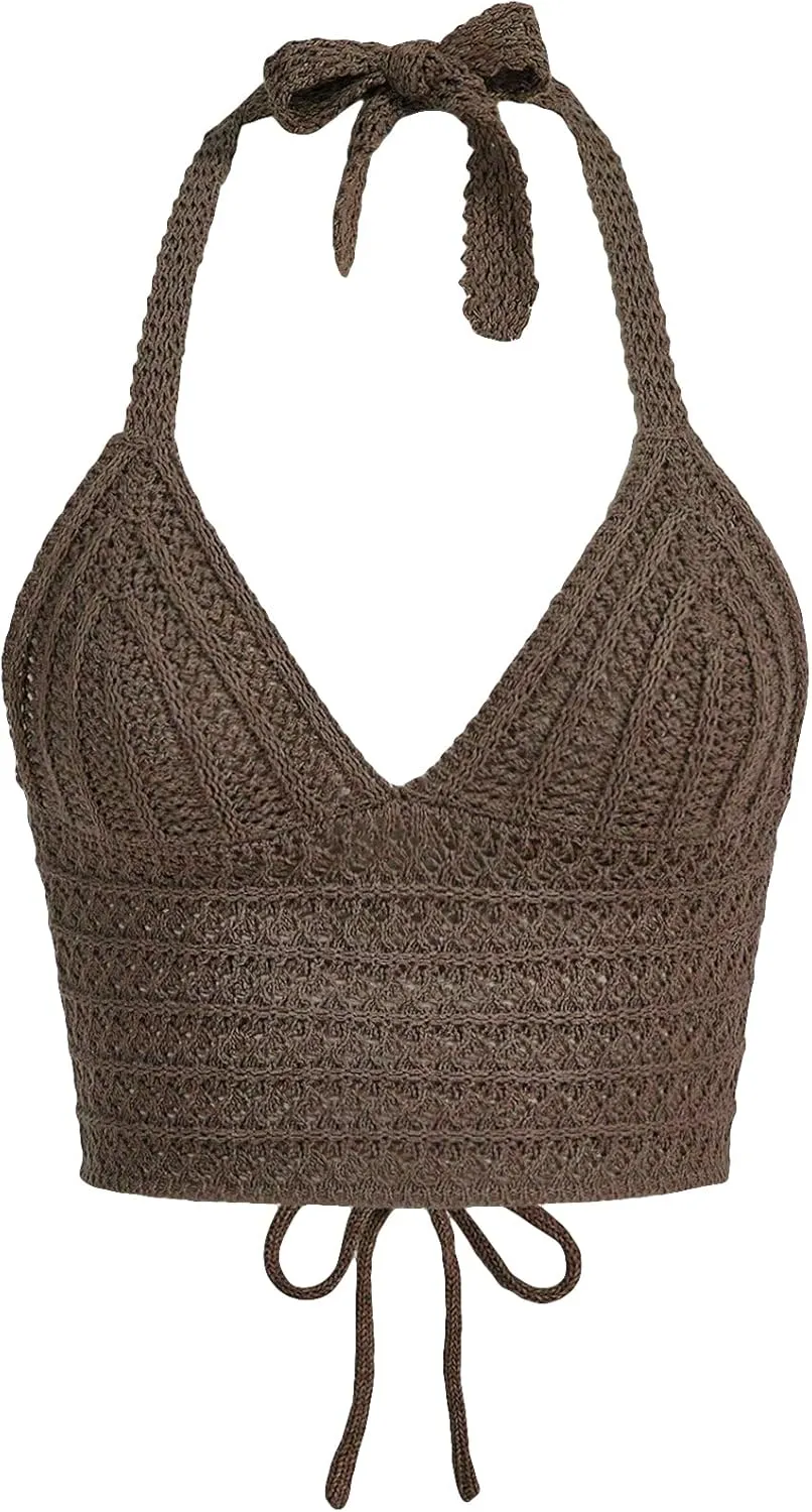 SOLY HUX Womens Crochet Halter Crop Tops Summer Sexy Knitted V Neck Sleeveless Camisole Y2K Top