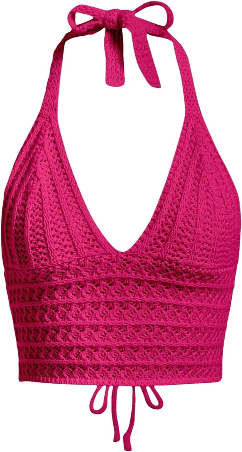 SOLY HUX Womens Crochet Halter Crop Tops Summer Sexy Knitted V Neck Sleeveless Camisole Y2K Top