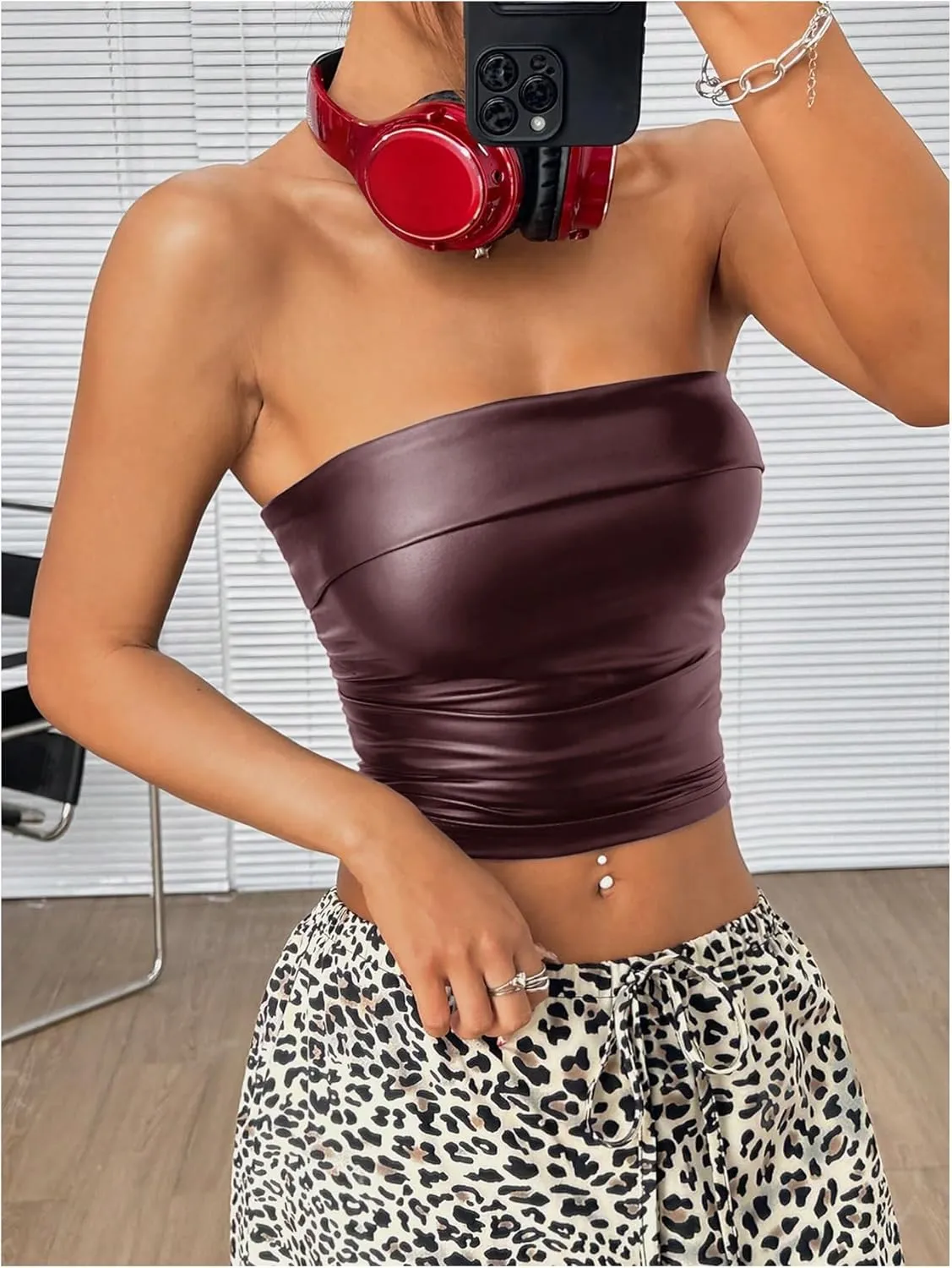 SOLY HUX Women's Faux Leather Crop Tube Top Strapless Sexy Going Out Bandeau Top Party Rave Concert Outfit