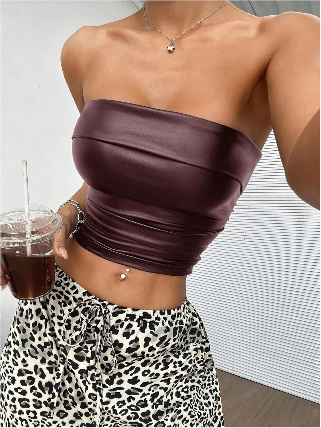 SOLY HUX Women's Faux Leather Crop Tube Top Strapless Sexy Going Out Bandeau Top Party Rave Concert Outfit