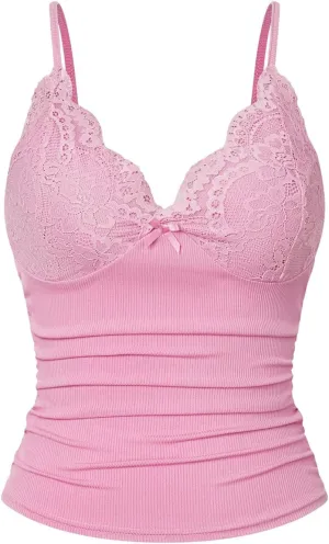 SOLY HUX Women's Lace Trim Camisole Summer V Neck Spaghetti Strap Slim Fit Going Out Cami Tops